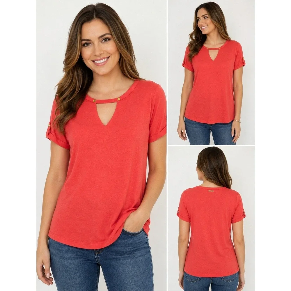 Michael Kors Women's Medium Coral Keyhole Top Gold Logo Short Sleeve Knit Shirt